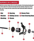 Super9 9-In-1 Nozzle parts diagram with labeled components including nut, washer, bushing, bearing, sliding screw, sleeve, sleeve plate, and front steering knuckle.