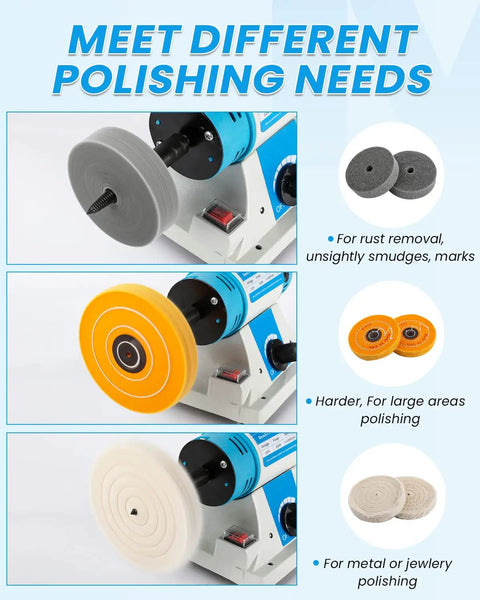 Bench Buffer Jewelry Polisher With Variable Speed Benchtop Buffing Machine Starter Kit For Jewelry, Wood, And Metal displayed.