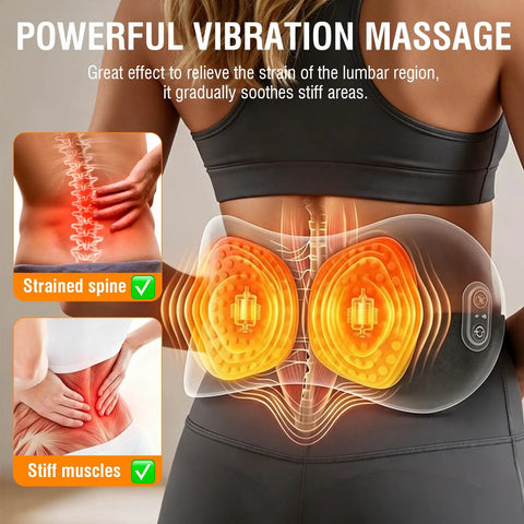 Electric Lumbar Support Pillow with heat and vibration massage relieving lower back pain and tension.