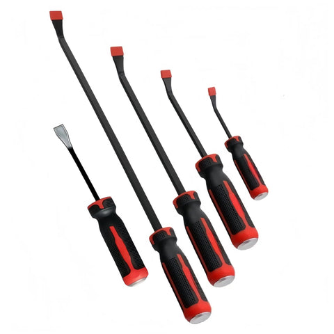 Beefy Heavy Duty Pry Bar Set with angled and straight heads, chrome vanadium steel, 8, 12, 18, and 24-inch crowbars, for mechanics.