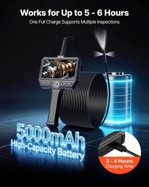 Triple Lens Endoscope With Ultra Rigid Thirty Two Point Eight Feet Cable Industrial Borescope With Light Five Inch IPS Screen IP67 Waterproof LED Lights Eight X Zoom Pro Grade Build Snake Camera For Auto And Plumbing, 5000mAh battery