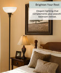 Bronze 72 Inch Torchiere Floor Lamp With Glass Shade next to bed in bedroom, modern lamp for living room or office, frosted dome shade