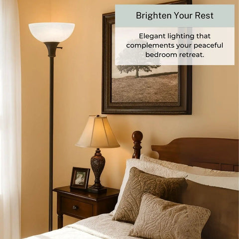 Bronze 72 Inch Torchiere Floor Lamp With Glass Shade next to bed in bedroom, modern lamp for living room or office, frosted dome shade