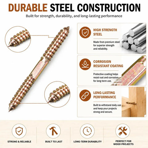 15 Piece M10x100 Double Ended Dowel Screws For Wood Self Tapping Hardware Tough As Nails Heavy Duty Fastener Kit For Furniture Assembly And No Sweat Woodworking Repairs Built To Last showing steel construction and details.