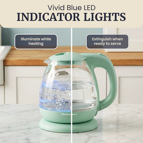 Elite Gourmet Mint Glass Electric Kettle 1L BPA-Free Fast Boil Cordless With Auto Shut Off showing blue LED indicators.