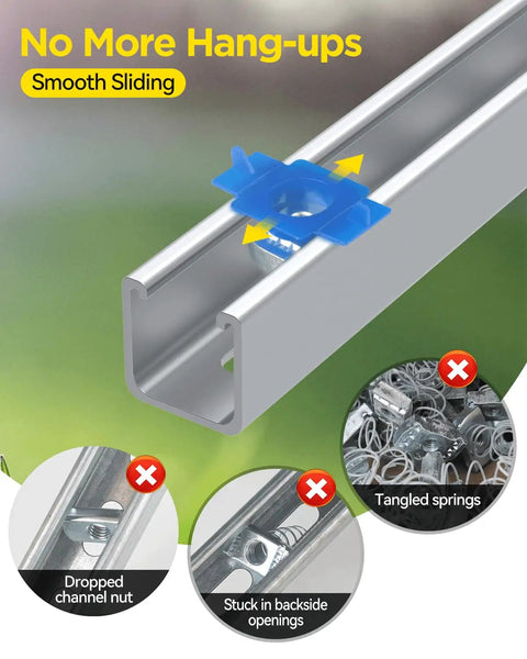 Top Shelf Pro Grade Heavy Duty Reliable Nylon Channel Squeeze Nut 1 4 20 Strut Channel Mounting Fastener sliding smoothly in metal channel.