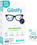 GlintFy lens cleaning wipes box, 400-count, pre-moistened for eyeglasses and cameras; includes a single wipe packet.