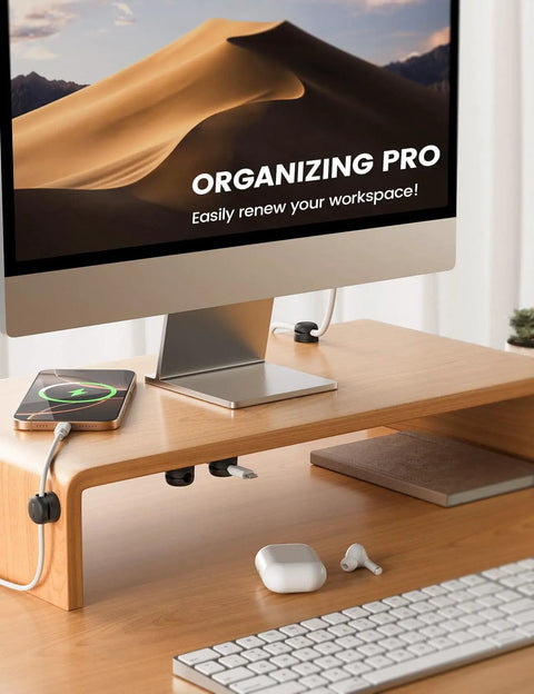 Go To Rotatable Cord Organizer 360 Degree Cable Clips Adhesive Wire Holder installed on wooden desk with electronic devices.