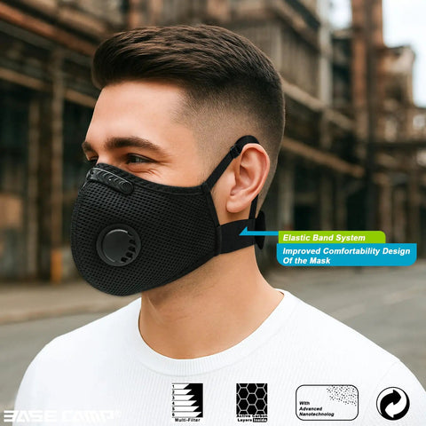 Person wearing M Plus Dust Face Mask With Six Activated Carbon Filters For Woodworking Construction Mowing And Cycling, 99.6 Percent Filtration