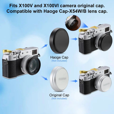 Lens Filter Adapter Ring For Fuji X100V X100VI Cameras, 49mm Thread Lets You Attach UV CPL ND Filters While Keeping Original Lens Cap Compatibility, No Fuss Mount, Black Finish shows adapter use with different caps.