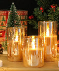 Gold Glass Flameless LED Candles Set Of 3 With 10Key Remote And Timer Real Wax Finish Warm White Flicker in holiday setting