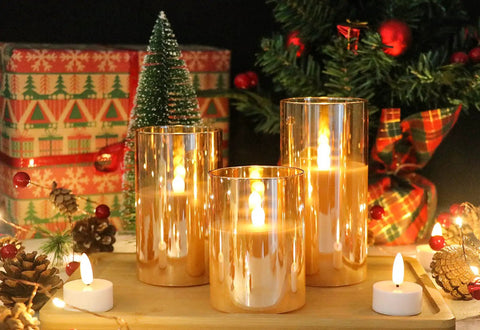 Gold Glass Flameless LED Candles Set Of 3 With 10Key Remote And Timer Real Wax Finish Warm White Flicker in holiday setting