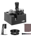 Solid Gold 58 Mm Espresso Toolkit Designed For Home Baristas Featuring Killer Precision Tamper Quick Distributor Magnetic Funnel Puck Screen Cleaning Mat Stirrer Wipe For Flawless Pulls Always displayed on a black holder with tools.