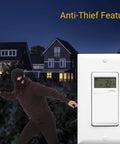 No-Fuss Programmable Digital Timer Switch For Lights, Fans, And Motors, featuring anti-thief mode, shown in front of a house at night.