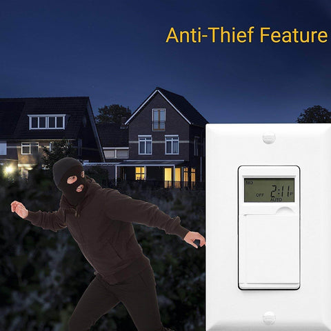 No-Fuss Programmable Digital Timer Switch For Lights, Fans, And Motors, featuring anti-thief mode, shown in front of a house at night.