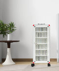 Heavy Duty 72 Slot Cell Phone Locker With Slick Rolling Casters For Classroom And Office Organization, aluminum cabinet with mobile devices.