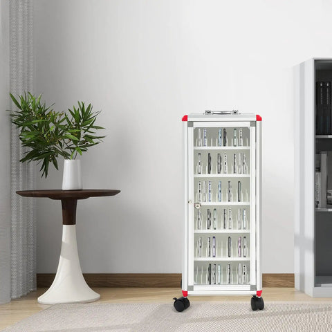 Heavy Duty 72 Slot Cell Phone Locker With Slick Rolling Casters For Classroom And Office Organization, aluminum cabinet with mobile devices.