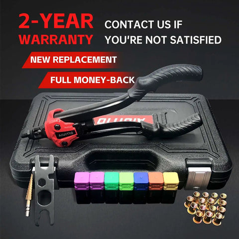 Rivet Nut Tool Kit With Step Drill Bit And 90 Rivnuts, 13-Inch Heavy Duty Hand Riveter Set, rugged carrying case, and mandrels.