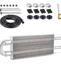 Heavy Duty 2 Row Aluminum Oil Cooler Kit With Transmission Cooler Core And Radiator Plate For Auto Manual Cars, including hoses and mounting accessories.