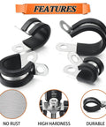 52 Piece Clamp Kit With Rubber Cushions, Stainless Steel Hose Clamps showing features of no rust, high hardness, and durability