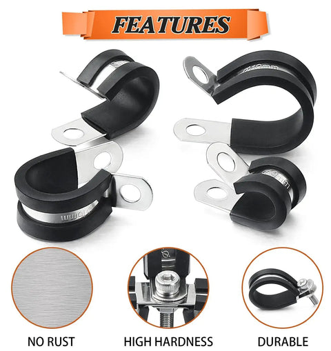 52 Piece Clamp Kit With Rubber Cushions, Stainless Steel Hose Clamps showing features of no rust, high hardness, and durability