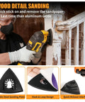Person using Pro Grade 266CS Zirconia Oscillating Tool Sanding Kit with triangle pad on wood railing corner