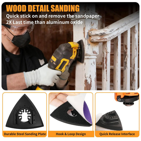 Person using Pro Grade 266CS Zirconia Oscillating Tool Sanding Kit with triangle pad on wood railing corner
