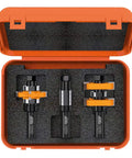 Adjustable Tongue And Groove Router Bit Set For Mission Style Cabinet Doors With Rock Solid High Density Carbide Edges in orange case.