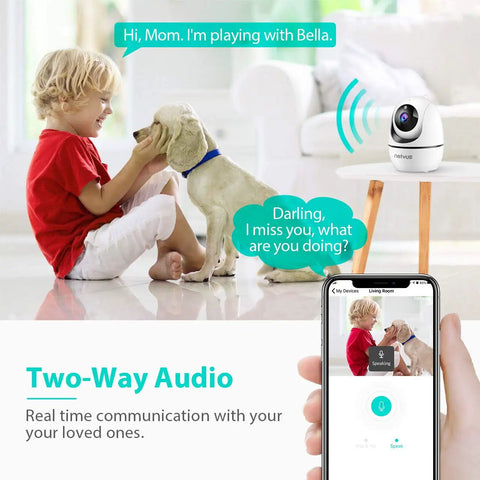 Child playing with dog while 1080P Indoor Pet Cam With 2 Way Audio Night Vision And AI Human Detection 2.4GHz WiFi streams video to phone.