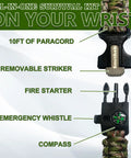 Four Pack Multi Color Paracord Survival Bracelets Five In One Kit with compass, whistle, scraper, fire starter visible