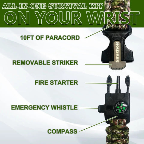 Four Pack Multi Color Paracord Survival Bracelets Five In One Kit with compass, whistle, scraper, fire starter visible