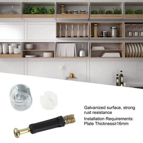 Three in One Eccentric Wheel Connector Kit for Furniture, 100 Sets with galvanized nut and expansion locking in kitchen setup.