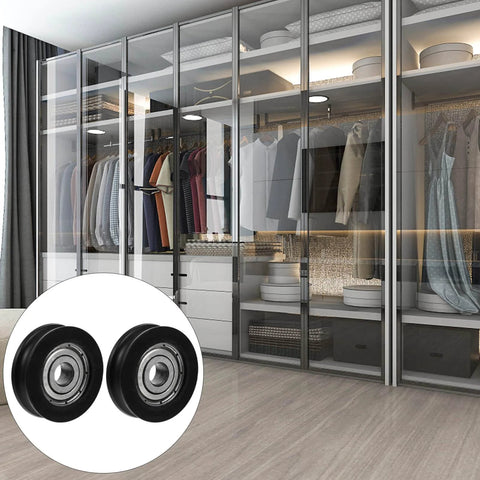 Sliding Barn Door Wheel Nylon Pulley With U Groove For Cabinet Closet And Window Doors 1.06 Inch Roller Bearing shown in closet