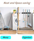 Comparison of Wall Mount Mop And Broom Holder With Four Slots And Four Hooks For Quick Easy Gear Organization in laundry room.