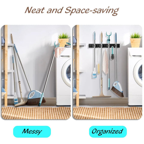 Comparison of Wall Mount Mop And Broom Holder With Four Slots And Four Hooks For Quick Easy Gear Organization in laundry room.