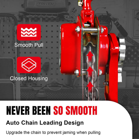 Close-up of red 3-ton manual lever chain hoist with steel chain and rotating hooks
