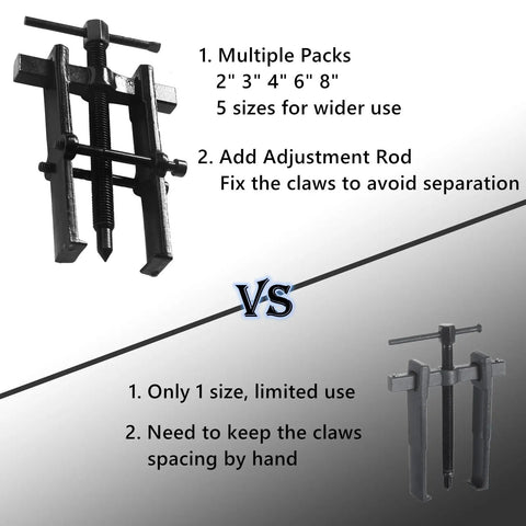 Comparison of Five Piece Adjustable Two Jaw Bearing Puller Set With 2 Inch 3 Inch 4 Inch 6 Inch And 8 Inch Jaws Carbon Steel Kit