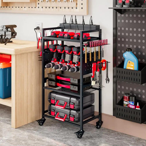 Power Tool Organizer Cart With Charging Station On Wheels For Heavy Duty Garage Use Rolling Tool Storage Cart For Drills Batteries Bits And Accessories Neat Workbench Shelving Unit For Grab And Go Access