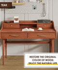 Quick Drying Water Based Wood Stain In Rich Teak Hue on a wooden desk with drawers, enhancing its smooth matte glow.