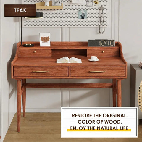 Quick Drying Water Based Wood Stain In Rich Teak Hue on a wooden desk with drawers, enhancing its smooth matte glow.