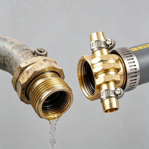 Heavy Duty 6 Piece Garden Hose Repair Kit With Brass And Aluminum Fittings For 5/8 Inch And 3/4 Inch Hoses Fix Drips And Leaks Fast Without Calling Pros For Your Outdoor Yard Irrigation System, close-up hose connector repair
