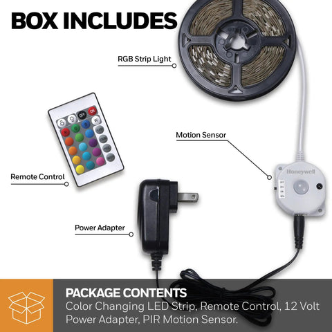 Color Changing RGB LED Strip Light 16.4 Ft With Motion Sensor And Remote, power adapter, and remote control on display.