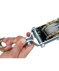 Close-up of hand operating 2 Ton Power Puller Winch With 12 Foot Aircraft Cable Auto Notch Time Release Heavy Duty Workhorse
