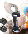 Cordless Hydraulic Cable Cutter With Electric Ratchet Portable And Built Tough, displayed with two batteries, in work setting