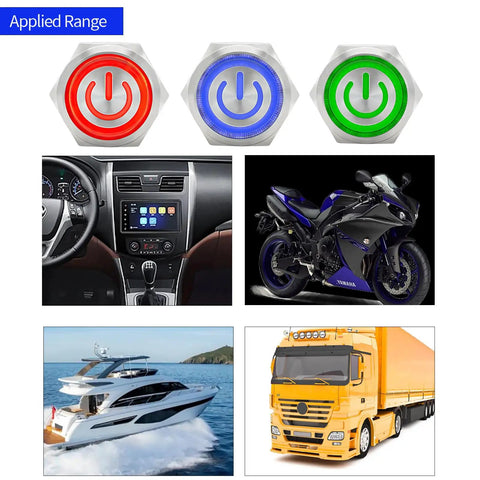 Applied range of IP67 Waterproof Latching Push Button Switch 15A 12-24V DC with LED Angel Eye Light on vehicles and boats