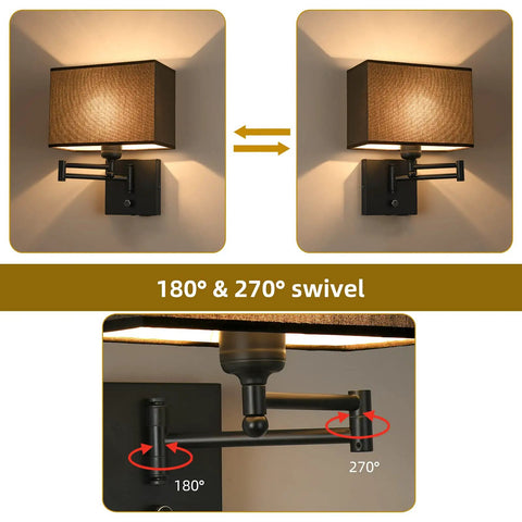 Swing Arm Wall Lamp With Dimmer And USB Port Wall Sconce Black Fabric Shade For Bedroom Living Room And Nurse Room Creates Cozy Mystical Atmosphere With Plug In Cord showing swivel angles