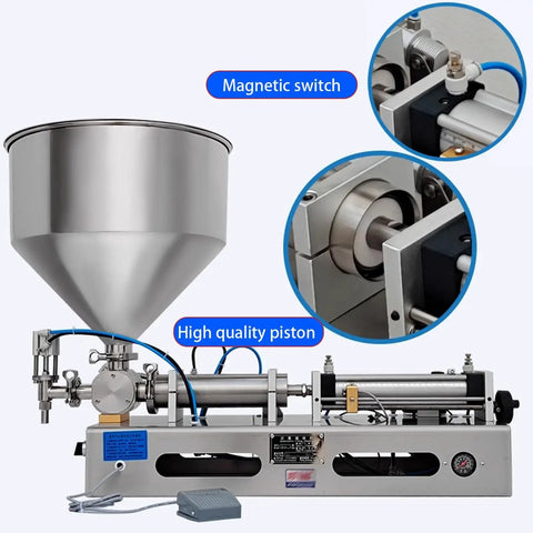 Pro Level Pneumatic Paste Filling Machine With Quick Turn Flow Dial No Sweat Automatic Dispenser For Thick Sauces Lotions Shampoos And Light Oils Handles Three To Twenty Six Hundred ML Runs Smooth Every Time with stainless steel cone and high quality piston.