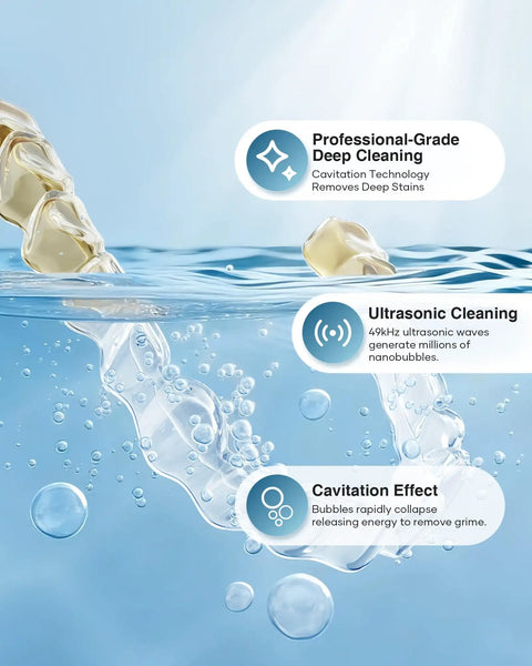 49kHz Ultrasonic Cleaner For Night Guards And Dental Gear demonstrating bubble cavitation in water for deep cleaning