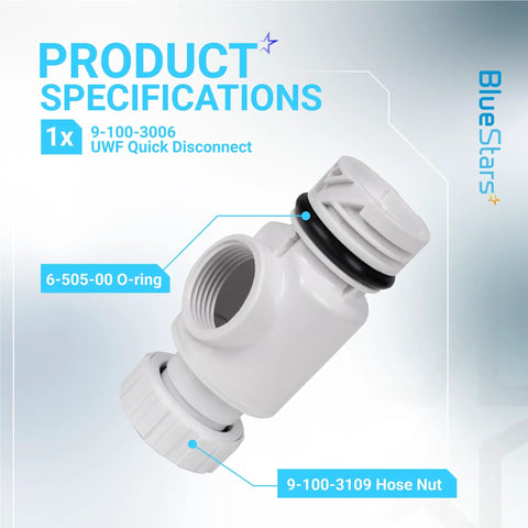 Universal Wall Fitting Quick Disconnect Replacement Part 9-100-3006 for Zodiac Pool Cleaners side view with hose nut and O-ring