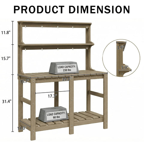 Product dimension diagram of Outdoor Potting Bench With Three Tier All Weather Construction And Tool Hooks Built For Busy Green Thumbs.